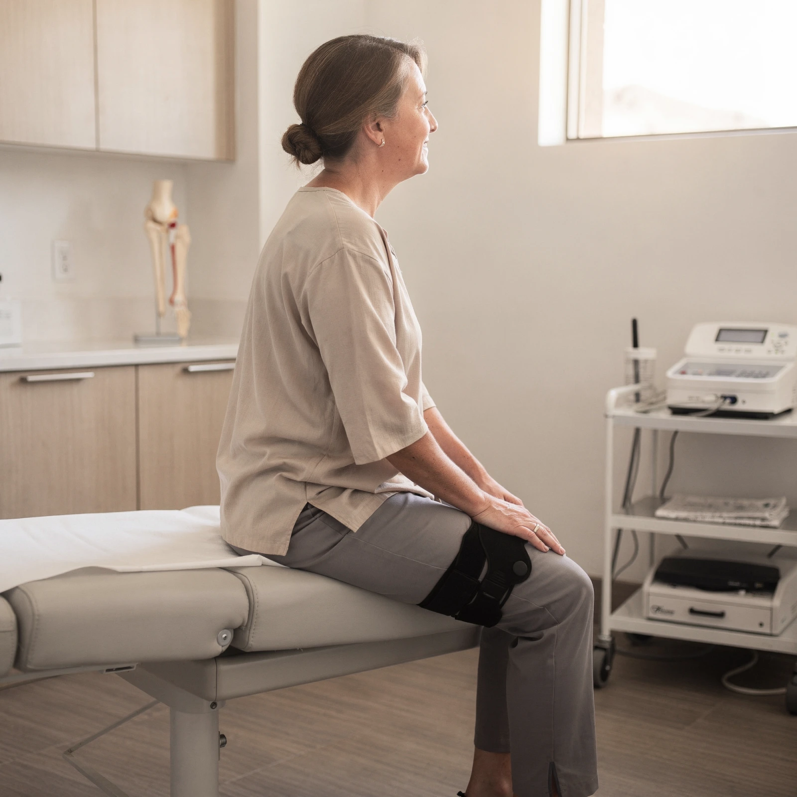 Patient sitting on examination table wearing knee brace in orthopedic clinic room